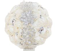 Bride Bouquets for Wedding, Handmade White Silk Rose Bouquet with Rhinestones and Pearls, Satin Flower Bridesmaid Bouquet, 7 in / 18 cm Diameter, Wedding Decor