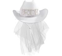 Bride Cowgirl Hat White Yarn Bridal Wedding Cowboy Hat with Veil Floppy Wide Brim Panama Cap for Bachelorette Party