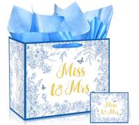 Bride Gift Bag Miss to Mrs Gift Bag with Tissue Paper Card Wedding Paper Bag Blue Floral Wrapping Bag for Bridal Shower Bachelorette Wedding Party Decor Supplies