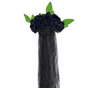 Bride Headband Gothic Flower Garland With Black Veils Hairband for Themed Gatherings and Halloween Parties（Black-G）