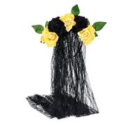 Bride Headband Gothic Flower Garland With Black Veils Hairband for Themed Gatherings and Halloween Parties（Black-C）