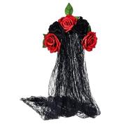 Bride Headband Gothic Flower Garland With Black Veils Hairband for Themed Gatherings and Halloween Parties（Black-B）