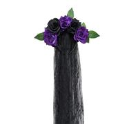 Bride Headband Gothic Flower Garland With Black Veils Hairband for Themed Gatherings and Halloween Parties（Black-E）