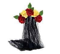 Bride Headband Gothic Flower Garland With Black Veils Hairband for Themed Gatherings and Halloween Parties（Black-A）