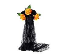 Bride Headband Gothic Flower Garland With Black Veils Hairband for Themed Gatherings and Halloween Parties（Black-H）