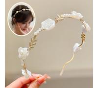 Bride Headband White Rose Hair Bands, Gold Bridal Wedding Elastic Padded Pearl Headbands, Bridesmaid Elegant Tiara, Thin Non-slip Hairband Hair Accessories for Women & Girls