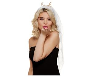 Bride Headband, White Veil with Gold Glitter 'Bride' and Feathers