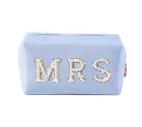 Bride Letter MRS/Bride Makeup Bag, Bridal Shower Gift, Bridesmaid Engagement Gifts, Pearl Rhinestone Letters Patch Large Cosmetic PU Bag, Women's Zipper Travel Storage Bag (Light Blue, MRS)