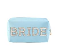 Bride Letter MRS/Bride Makeup Bag, Bridal Shower Gift, Bridesmaid Engagement Gifts, Pearl Rhinestone Letters Patch Large Cosmetic PU Bag, Women's Zipper Travel Storage Bag (Blue, Bride)