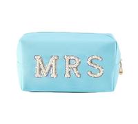 Bride Letter MRS/Bride Makeup Bag, Bridal Shower Gift, Bridesmaid Engagement Gifts, Pearl Rhinestone Letters Patch Large Cosmetic PU Bag, Women's Zipper Travel Storage Bag (Blue, MRS)