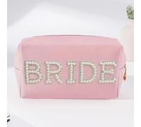 Bride Letter MRS/Bride Makeup Bag, Bridal Shower Gift, Bridesmaid Engagement Gifts, Pearl Rhinestone Letters Patch Large Cosmetic PU Bag, Women's Zipper Travel Storage Bag (Pink, Bride)