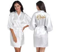 Bride Robe Gilding V-Neck Cardigan Bridal Robe Short Sleeve Summer Bride Pajamas with Inner Strap and Belt Satin Silk for Wedding Day Party, L Bridal