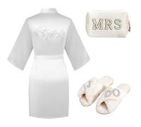 Bride Robe Satin Kimono Robe Silk Satin Dressing Gown for Women Bridesmaid,Bride to Be Gifts Set with Makeup Bag, Bride Slippers for Wedding White Soft Wedding Gifts Bridal Shower Gifts