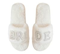 Bride Slippers Fluffy,Gifts Soft Bride To Be Slippers White Pearl Non-slip Wedding Slipper with12 mm Soles for Bachelorette Party (White, UK Footwear Size System, Adult, Women, Alpha, Medium, Large)