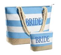 Bride to Be Bags Set 2 Pcs Blue White Stripe Canvas Tote Bag with Makeup Bag, Bride Gifts Wedding for Bridal Shower Engagement Party, Brides Tote Beach Bag Women for Summer Travel Picnic Holiday
