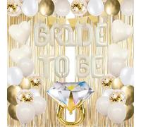 BRIDE TO BE Decorations Kit - White and Gold Bachelorette Party Supplies Set with Ring Balloon, Fringe Curtains, Confetti Balloons & Banner - Bridal Shower & Engagement Party Decor