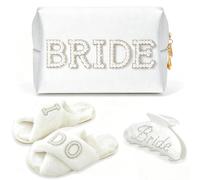 Bride to Be Gift Set, 3 Pack Wedding Essentials Kit with Bride Pearl Letter Makeup Bag, I Do Plush Slippers and Bling Hair Claw Clip, Gifts for Bridal Shower Wedding Bachelorette Party Honeymoon
