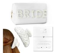 Bride to Be Gifts Pearl Canvas Make Up Cosmetic Bag, Hairclip and Heart Bracelet Claw Clip Keepsake Bridal Shower Gift Set Wedding Hen Party Accessories Gifts