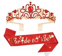 Bride To Be Sash & Crystal Crown Kit in Red - Bridal Shower Decorations, Bachelorette Party Decor, and Gifts for Bride
