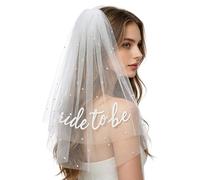 Bride To Be Veil with Comb, White Tulle Pearl Headpiece for Hen Parties | White tulle veil with Bride To Be script lettering, scattered faux pearls and an attached comb that slides into the hair.