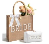 Bride Tote Bag with Makeup Bag, White Cosmetic Bag with Pearl Letter, Personalized Bride to Be Gifts for Bridal Shower Wedding Bachelorette Party Engagement Honeymoon (Yellow)