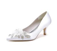 Bride Wedding Shoes Mid Heels Satin Crystal Pearl Flower Pointed Toe Slip on Heeled Evening Party Ladies Dress Pumps, 6cm, Women's Heels, Formal Sandals,A,41