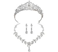 Bride'S Wedding Tiara, Silver Hollow Design With Faux Crystals, Coronation Jewelry Set, Includes Necklace And Earrings