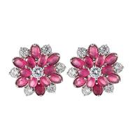 Bridesmaid Earrings, Red Stud Earrings Clip on Cubic Zirconia Flower Shape for Women Prom Jewelry Modern