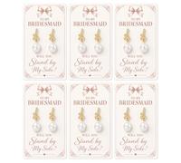 Bridesmaid Earrings Set Gold Knot Pearl Drop Earrings with Proposal Cards Tie the Knot Bridal Party Jewelry Gifts, M, Zinc, No Gemstone