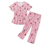 Bridesmaid Pajamas Cute Floral Print Outfits Soft Ribbed V Neck Short Sleeve Tops and Wide Leg Crop Trousers Elastic Waist Pants Casual Tracksuits Loungewear Sleepwear Sets
