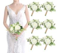 Bridesmaids Bouquets Set of 6 Ivory White Artificial Flowers 7 Inch Bridesmaid Bouquet Wedding Pre-Made Rustic Rose Small Floral Bouquets for Bridal Shower Marriage Proposal Party Anniversary Decor