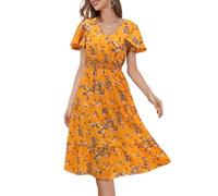 Bridesmay Casual Summer Floral Dresses with Short Sleeves Pleated Boho Easter Dress for 2025 Spring Yellow Small Flower M