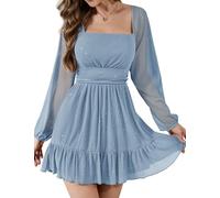 Bridesmay Glitter Cocktail Dresses UK for Women Wedding Guest,Square Neck Mesh Long Sleeve Blue Short Homecoming Dress (Light Blue,XL)