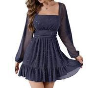 Bridesmay Glitter Sequin Cocktail Dresses UK for Women Wedding Guest,Square Neck Mesh Long Sleeve Casual Party Mini Dress (Navy,L)