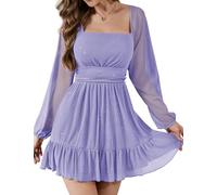Bridesmay Glitter Sequin Cocktail Dresses UK for Women Wedding Guest,Square Neck Mesh Long Sleeve Lavender Short Homecoming Dress (Lavender,M)