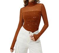 Bridesmay Mesh Turtle Necks Tops for Women Sheer Long Sleeve Undershirt Sequin Ruched Blouse for Going Out Brown L
