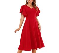 Bridesmay Semi Formal Mother of The Bride Dress Ruffle Sleeve Tea Party Work Dress A Line Swing Vintage Cocktail Dress Red 3XL