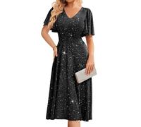 Bridesmay Semi-Formal Wedding Guest Bridesmaid Dresses Sparkly Sequin Cocktail Party Dress Midi Length Glitter Black L