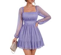 Bridesmay Sparkly Cocktail Dresses UK for Women Wedding Guest,Square Neck Mesh Long Sleeve Lavender Short Homecoming Dress (Lavender,S)