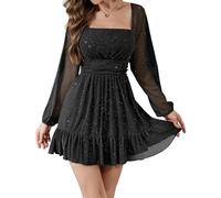 Bridesmay Sparkly Sequin Black Cocktail Dresses UK for Women,Square Neck Mesh Long Sleeve Flowy Casual Party Mini Dress (Black,S)