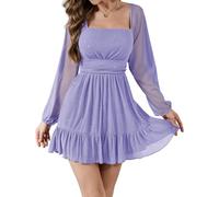 Bridesmay Sparkly Sequin Cocktail Dresses UK for Women Wedding Guest,Square Neck Mesh Long Sleeve Flowy Casual Party Mini Dress (Lavender,XL)