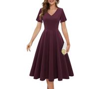 Bridesmay Vintage Cocktail Party Dresses Tea Length Modest Church Dresses with Sleeves for Fall Wedding Burgundy 2XL