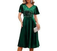 Bridesmay Women's Green Sequin Velvet Dress, Elegant Short Sleeve A-Line Formal Cocktail Party Dress for Christmas, New Year, Evening Gala (DarkGreen, XL)