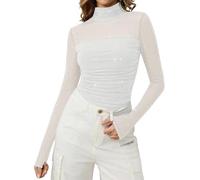 Bridesmay Women's Mock Turtle Neck Long Sleeve Tops Lace Sheer See Through Shirt Mesh Ruched Going Out Blouse White L