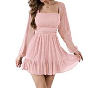 Bridesmay Women's Pink Long Sleeve Square Neck Cocktail Dresses Sparkly Flowy A-Line Short Mini Sequin Holiday Party Dress Pink XXL