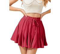 Bridesmay Women's Pleated Mini Skirt Trendy, Flowy High Waisted Casual Skirts, A-line Ruffle Flared Beach Short Skorts Red XL