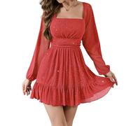 Bridesmay Women's Red Long Sleeve Square Neck Cocktail Dresses Sparkly Flowy A-Line Short Mini Christmas Holiday Party Dress Red M
