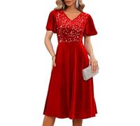 Bridesmay Women's Red Sequin Velvet Dress, Elegant Short Sleeve A-Line Formal Cocktail Party Dress for Christmas, New Year, Evening Gala (Red, XL)