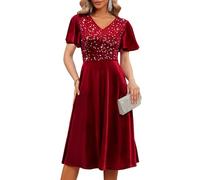 Bridesmay Women's Red Sequin Velvet Dress, Elegant Short Sleeve A-Line Formal Cocktail Party Dress for Christmas, New Year, Evening Gala (DarkRed, 2XL)