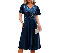 Bridesmay Women's Sequin Velvet Dress, Elegant Short Sleeve A-Line Formal Cocktail Party Dress for Christmas, New Year, Evening Gala (Navy, Medium)